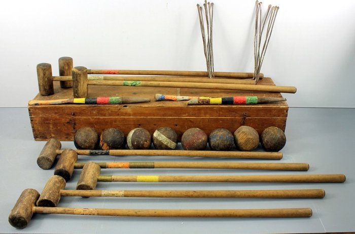 Antiek Croquet spel in houten kist - Hout
