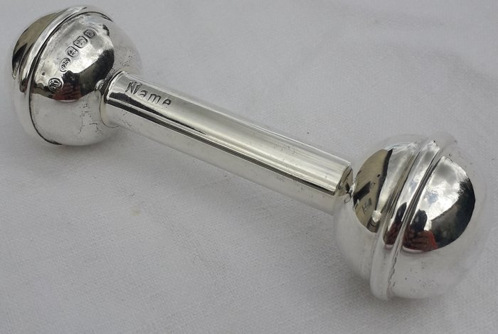 Englisches silbernes Schätzchen-Geklapper in Form eines Dumbell - Silber