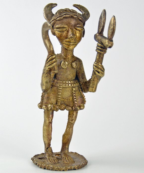 Figura de războinic ancestral cu greutate în aur Akan - African bronze - Coasta de Fildeș 