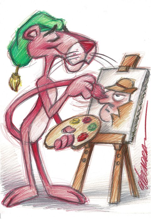 Pink Panther Painter - Original Drawing - Vizcarra, Joan - Originele kunst