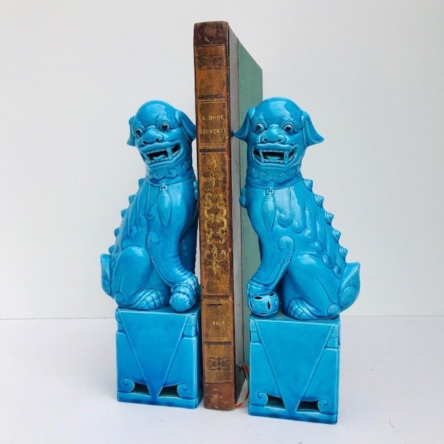 Sæt blå porcelæn tempel løve boghænger (31cm) (2) - Porcelæn - Kina - Anden halvdel af det 20. århundrede