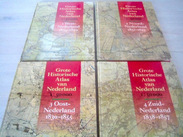 Pays-Bas, Atlas - Ouest, Nord, Est et Sud des Pays-Bas; Dienst der Militaire Verkenningen - Grote Historische Atlas van Nederland  (in 4 delen: West-, Noord-, Oost- en Zuid-Nederland) - 1838-1859