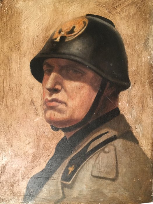 Portrait de Mussolini peinture à l'huile sur bois - Bois - Début du XXe siècle