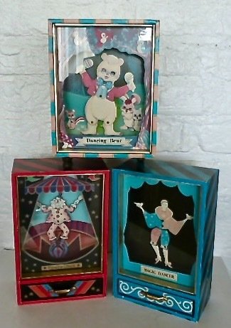 Dancing Bear + Dancing Clown + Magic Dancer - Otagiri - Vintage Spieluhr und Sparkasse (3) - Holz und Glas
