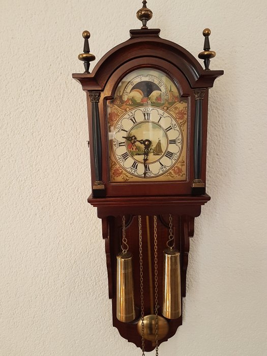 Wuba / Warmink Dutch tail clock, moon phase, new condition - Copper, Wood, Mahogany - mid 20th century