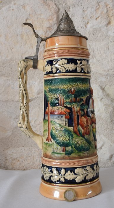 Beer pot / German giant mug 2 Liters! - sandstone and tin