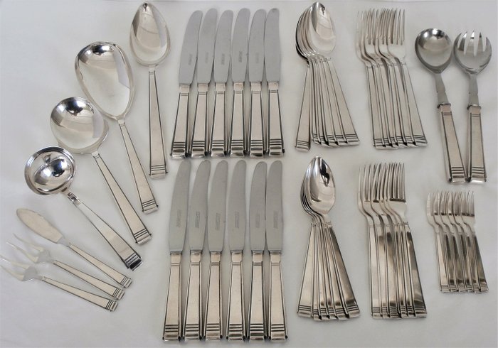 Georg Nilsson Gero, modelnr. 447 - Art Deco 6-person silver-plated cutlery + serving cutlery 51-piece