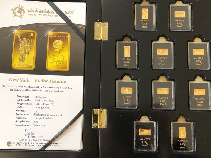 Salamon-szigetek - 10x10 Dollar 2015 Wahrzeichen der Welt Gold Proof Set - 10 x Goldbarren mit Zertifikat Vollständig - Arany