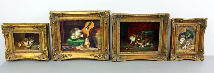 Roe Bros & Carvers - Collezione di 4 dipinti ad olio in cornici antiche (4) - Legno, Placcato oro, Olio su pannello