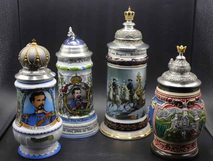 D. Greif - Kuhr/Gerz/ - Ludwig II of Bavaria beer mugs (4) - Romantic - Earthenware, Pewter/Tin, precious stones