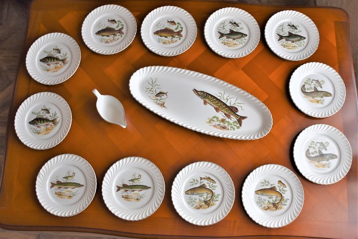 Lunéville Badonviller de Keller et Guérin - 服务装饰鱼和镀金精细金 - 陶器