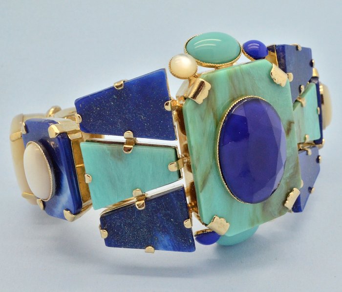 Philippe Ferrandis Art Deco Style Faux Turquoise Faux Lapis Gold Plated - Bracelet