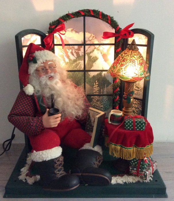 Prachtig Kerststuk - mit beweglichem Weihnachtsmann und beleuchteter Tischlampe - Kunststoff
