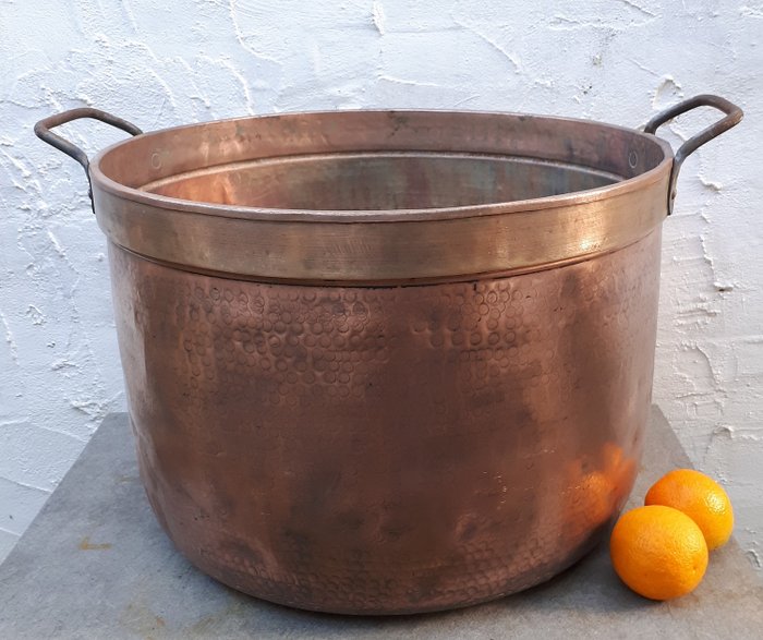 large copper fireplace wood container - red and yellow copper