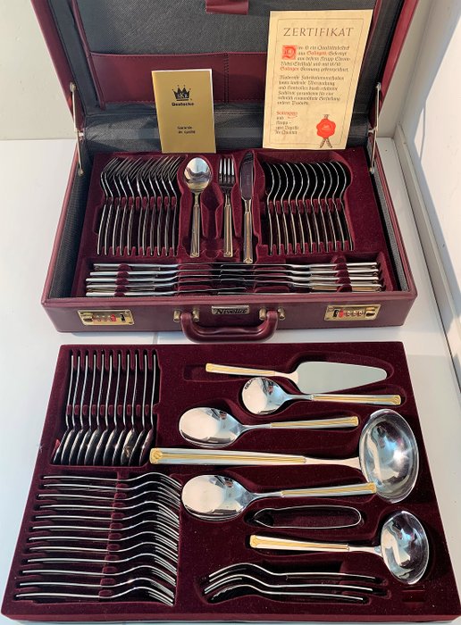 sbs solingen - Stylish Extended Gold-plated cutlery set for 12 people, 70 pieces, 'Princess' model - 18/10 stainless steel and 23/24 carat gold, leather case