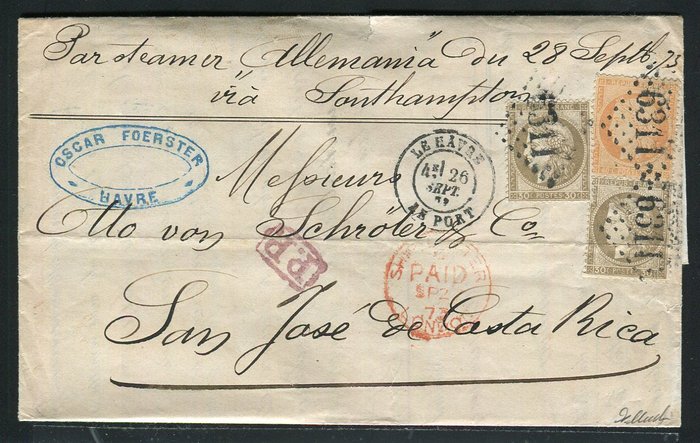 Frankreich 1873 - A rare letter from Le Havre bound for San José in Costa Rica