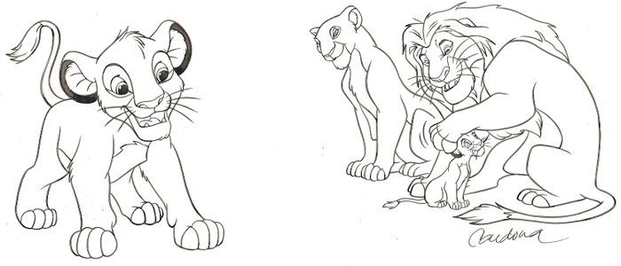 The Lion King Family - Disney Studios Original Drawings - Mufasa, Sarabi & Simba - Cardona - Lyijy kynä Art