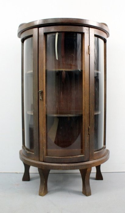 Vetrina antica semicircolare, vetro curvato - Legno- Quercia, Vetro