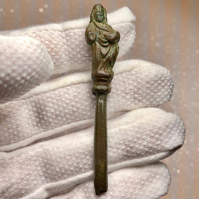 Medieval Bronze Upper part of an Apostle Spoon with a Figurine of Jesus Christ the Saviour.