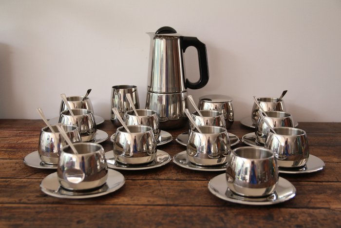 AMC Art Design - Espresso / Kaffeeset für 12 Personen, einschließlich Cafetiere, Zuckerdose und Milchkännchen - Stahl (rostfrei)
