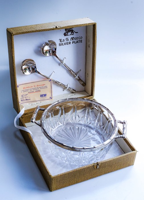 La S. Marco - conjunto com saladeira de cristal e talheres de prata - Banhado a prata, Vidro
