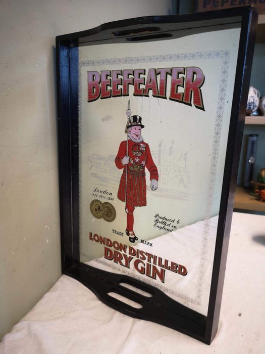 Beefeater dry gin - 卫士广告镜托盘 - 木, 玻璃