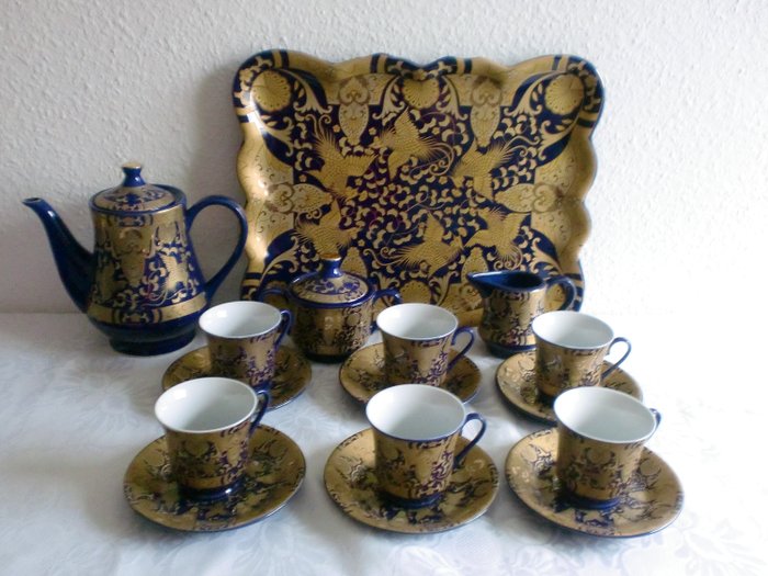 King Cheng - Serviço de café para 6 pessoas - azul-ouro (1) - Grés, Porcelana