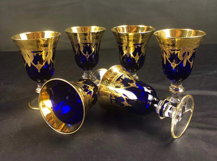 Cristal T Murano - Kieliszki do wina (6) - Kobaltowy niebieski kryształ, 24-karatowe złoto