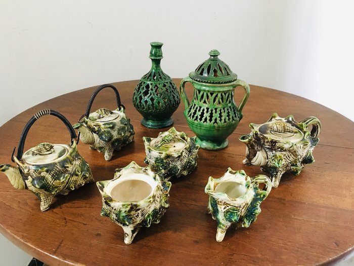 Vintage, majolica, gyönyörű porcelán teáskészlet kagyló alakban és kerámia művész és (8) - Agyagedény, Porcelán