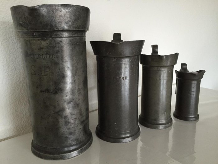 Antikke tin franske kande dobbelt liter-liter-demi liter-dobbelt deciliter (4) - Tin