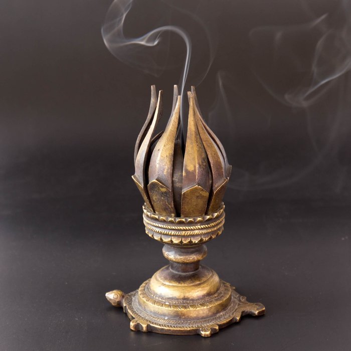 印度开放式莲花香炉 - 青铜/黄铜 - 印度 - 20世纪下半叶