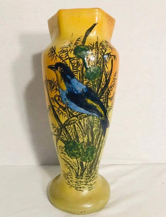 Legras - Soufflé vaso pássaro pintado e assinado