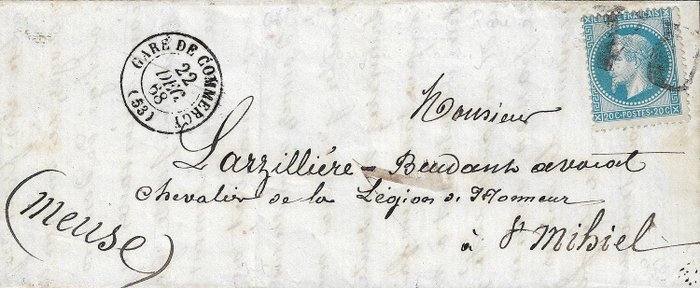 Frankrijk 1868 - Unique Empire with laurel wreath, 20 cents, ‘VU’ cancellation on letter