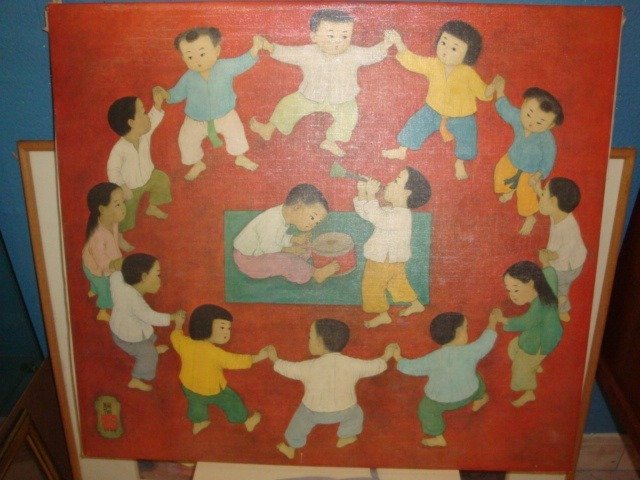 Sérigraphie (1) - Toile - Enfants - La Ronde - Sérigraphie de l'oeuvre originale de Mai Trung Thu dit Mai Thu Ecole Vietnamienne  - Vietnam - 20ème