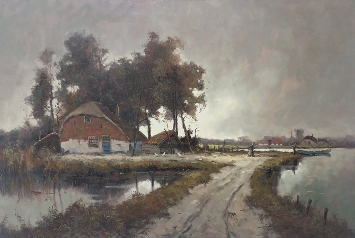 Jos van Dijk (1913-2000) – Zicht op boerderij aan water