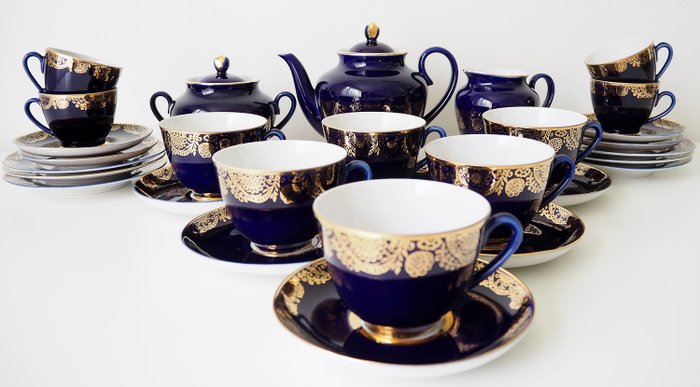 Lomonosov Imperial Porcelain Factory  - COBALT BLUE "GOLDEN FRIEZE" Tea&Coffee set (29) - Gold, Porcelain