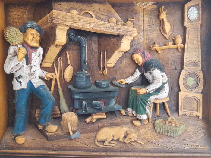 A. Morand - Tableau en sculpture sur bois ancien. Représente la vie à la ferme - Bois