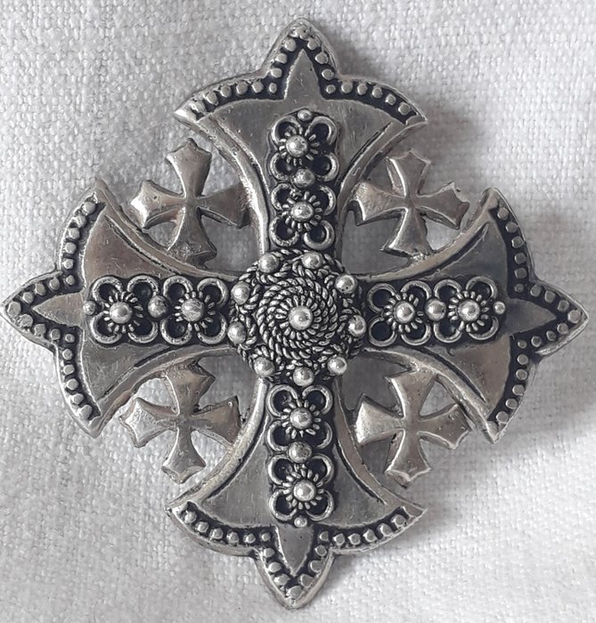 900 zilver - Vintage Jeruzalem zilveren ijzeren kruis broche hanger