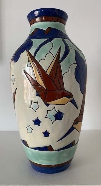 Charles Catteau - Boch Frères, Keramis - Catteau花瓶与立体主义形状的鸟 (1)