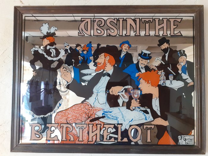 By JL Goffart Lithograph Brussels - Absinthe Berthelot -Bar / Café  Advertising Mirror - Art nouveau - Glass / Wood