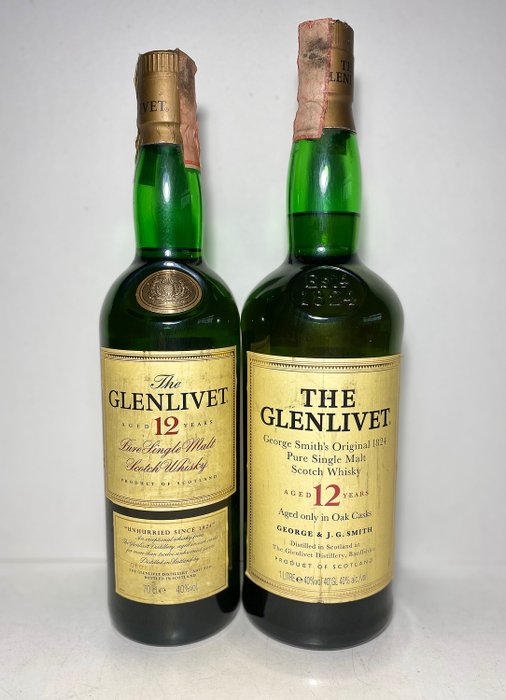 Glenlivet 12 years old - Original bottling - b. década de 1990 - 70cl - 100cl  - 2 garrafas