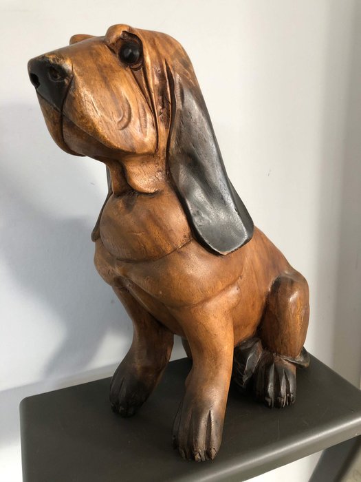 Cão de caça grande escultura em talha (1) - Madeira