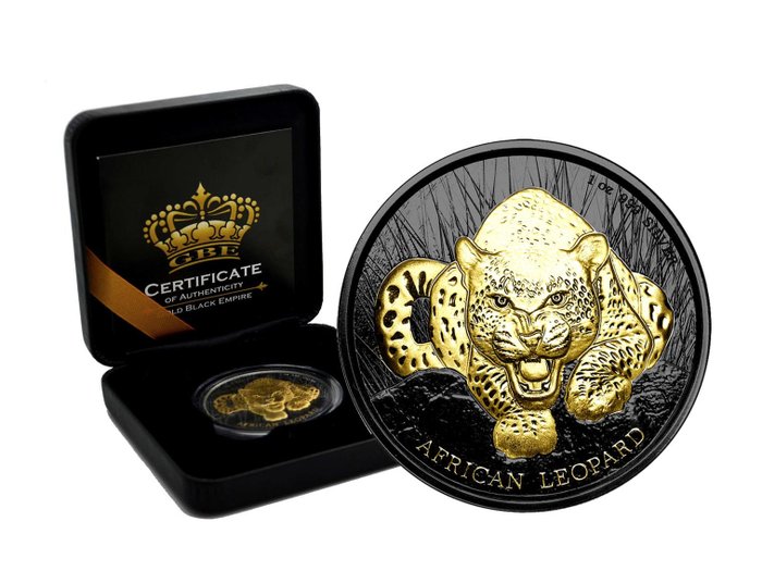Ghana. 5 Cedis 2017 African Leopard Ghana Gold Black Empire Edition 1 OZ Silber