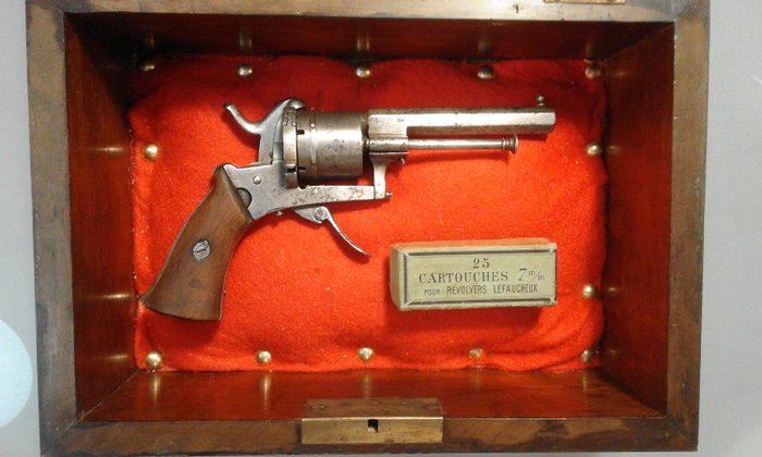 比利時 - Fabrique d'armes de Liège - Revolver ELG à six chambres - Double action (DA) - 針式底火 (Lefaucheux勒福舍) - 左輪手槍 - 7mm Cal