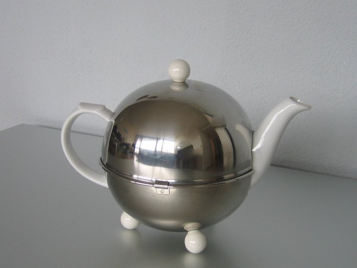 Théière Thermothe Inox - modèle WMF 1930 - Art Déco - Porcelaine - chrome / acier inoxydable - feutre
