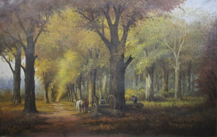  J. van Kampen (20e eeuw) - Herfst landschap met figuren en paarden