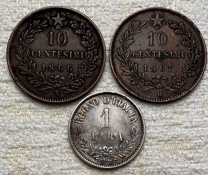 Italia - Regatul Italiei - 10 centesimi 1867 H + 10 centesimi 1866 N + 1 lira 1863 M valore Vittorio Emanuele II
