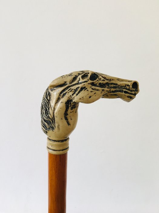 Linda bengala antiga com alça em forma de cabeça de cavalo do século XX (1) - Madeira
