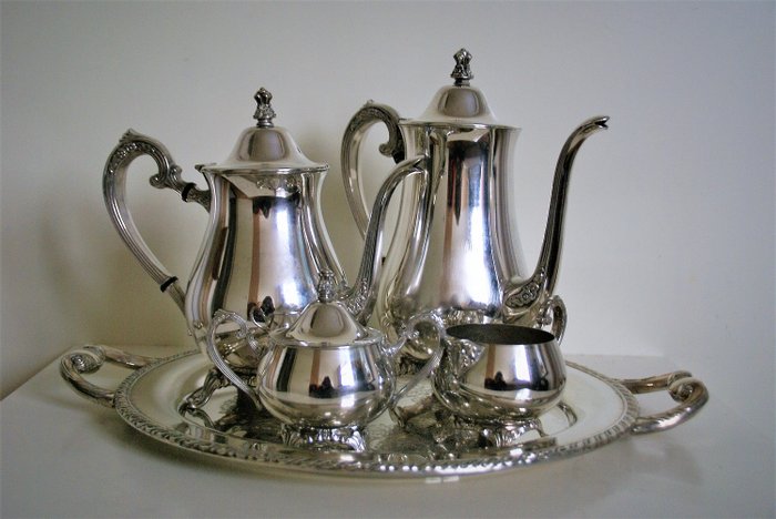 Oneida - Stylish  Oneida USA Silver Plate 6 Pc Coffee Pot Tea Teapot Tray Set Du Maurier (5) - Silverplated