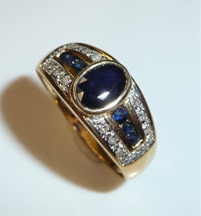 Adler-Punze Frankreich - 18 克拉 黃金 - 戒指 - 1.20 ct 藍寶石+ 0.12克拉鑽石